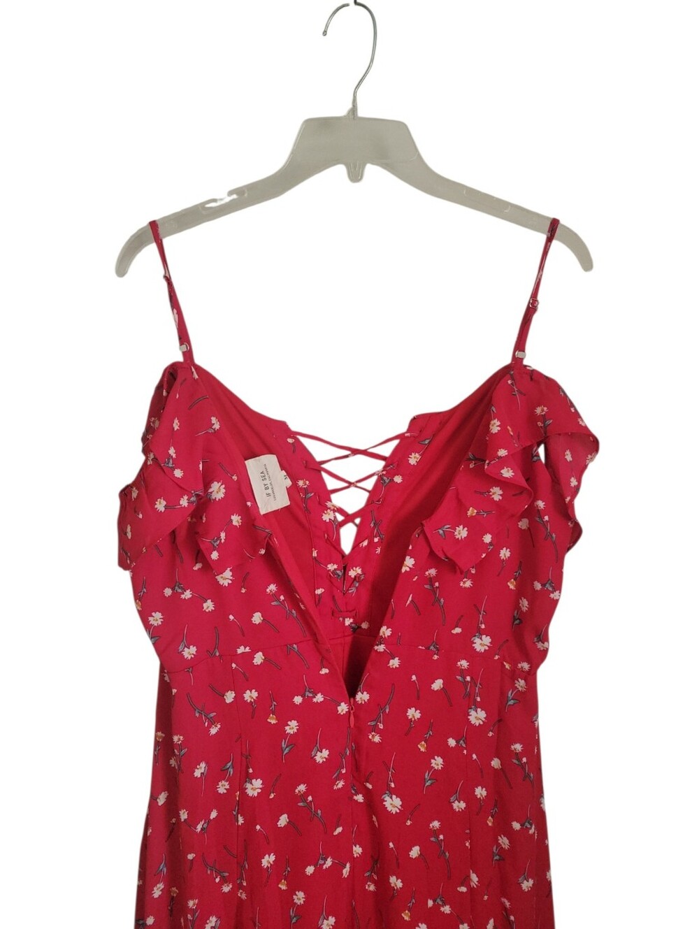 IF BY SEA Floral Ruffle Maxi Dress Red Cottagecore Lace Up Sundress Size M - Picture 7 of 9